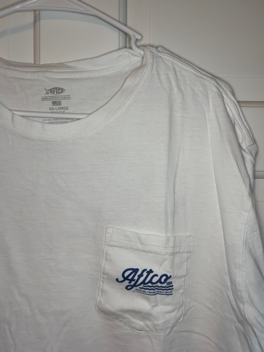 AFTCO White Pocket Tee with Navy Script Logo